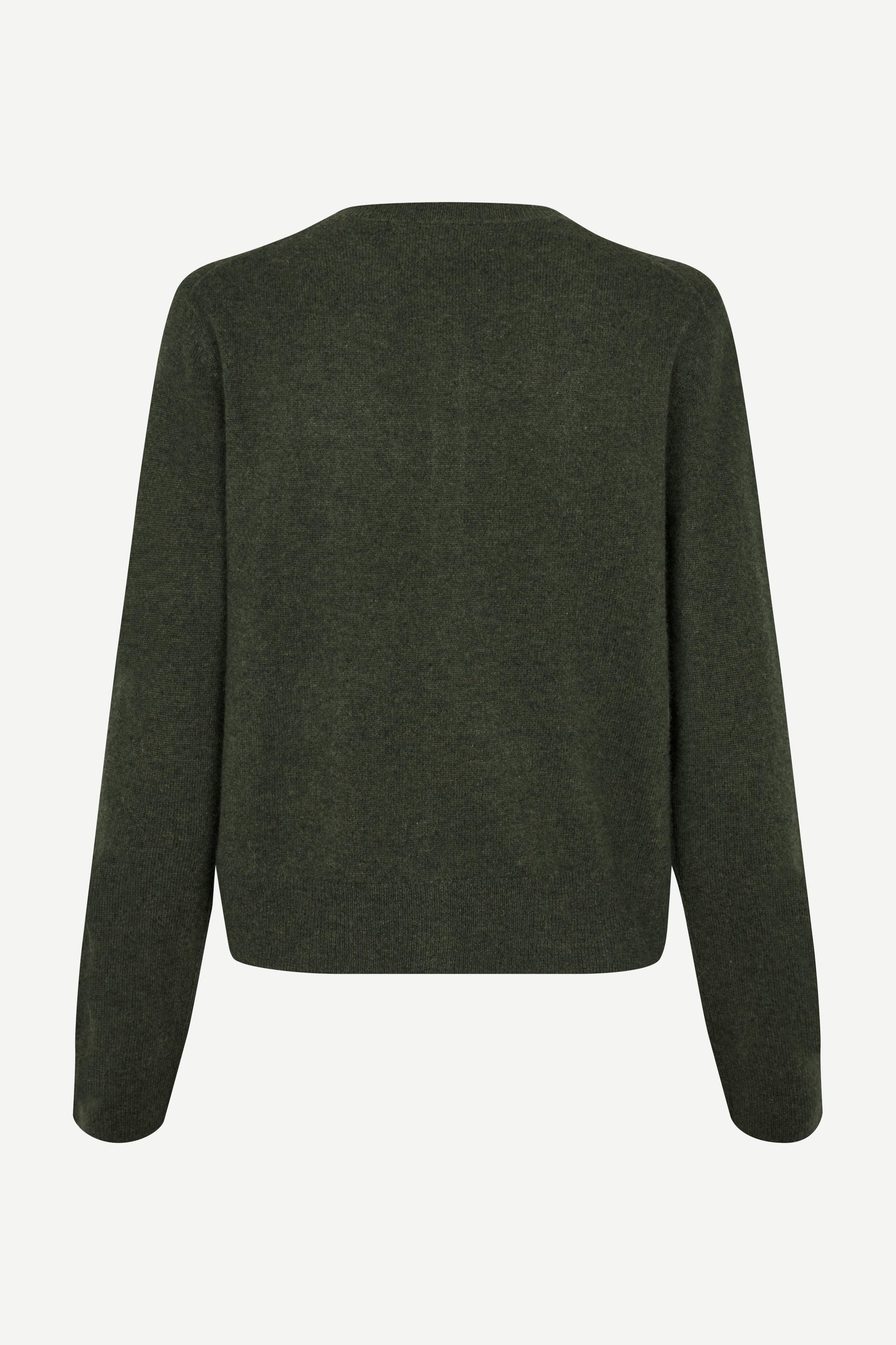 dark green round neck cardigan with long sleeves rear view