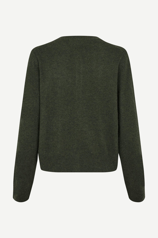 dark green round neck cardigan with long sleeves rear view