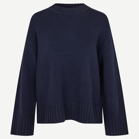 Navy round neck boxy jumper with rib hem and long sleeves
