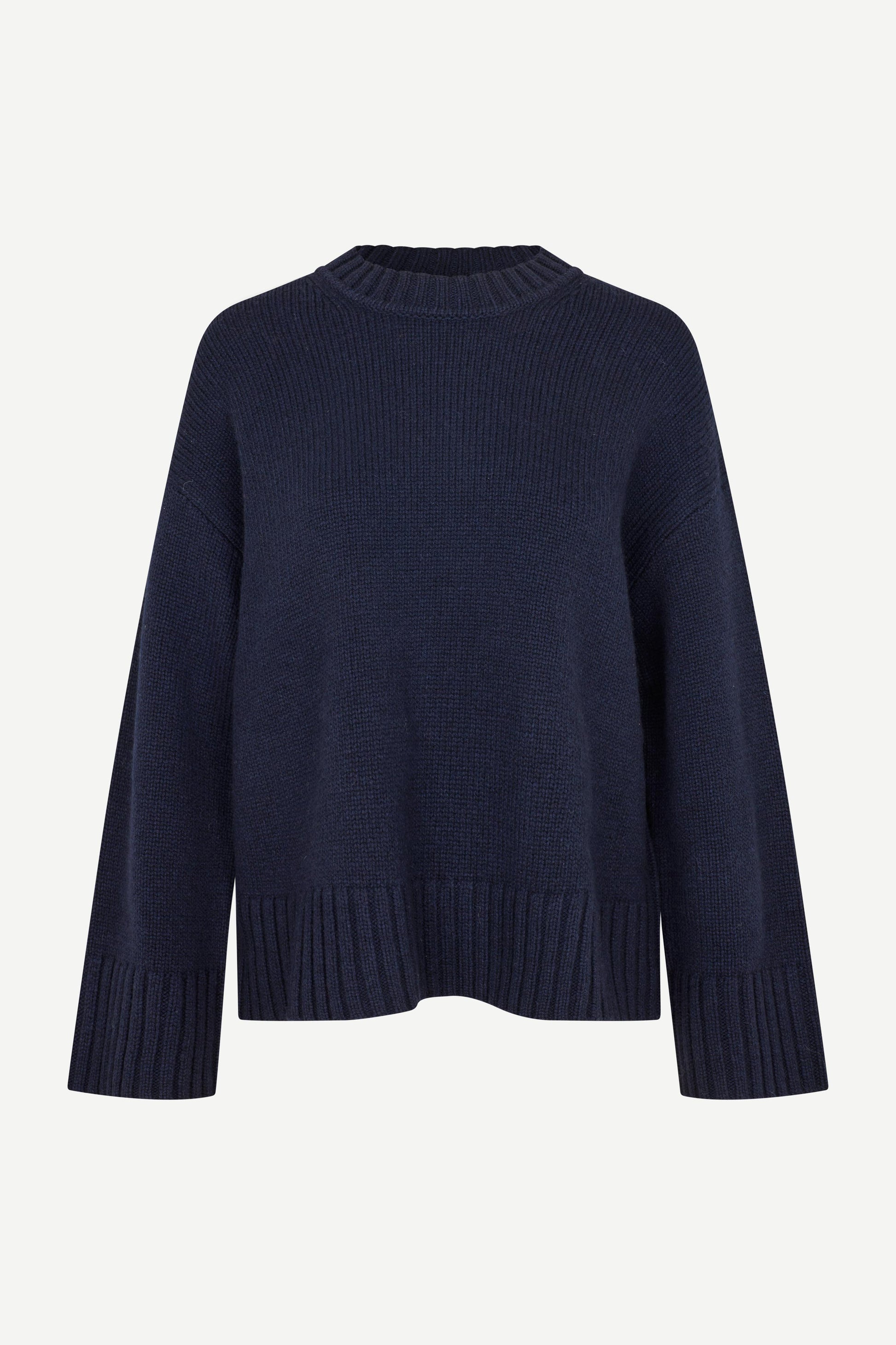 Navy round neck boxy jumper with rib hem and long sleeves