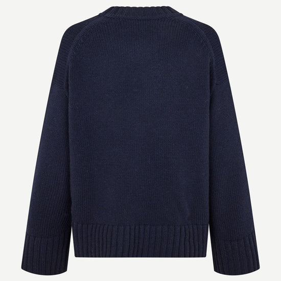 Navy round neck boxy jumper with rib hem and long sleeves rear view