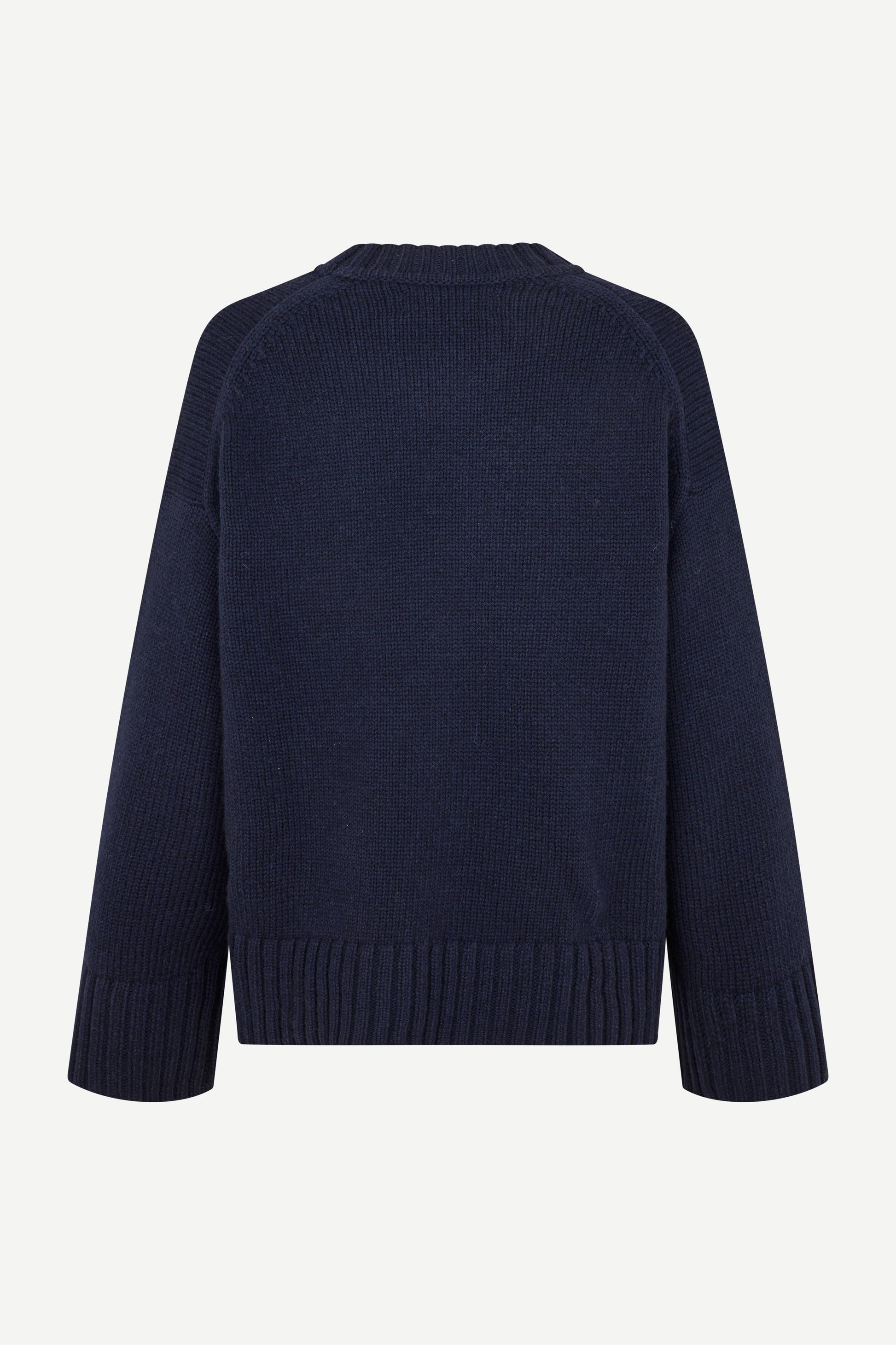 Navy round neck boxy jumper with rib hem and long sleeves rear view