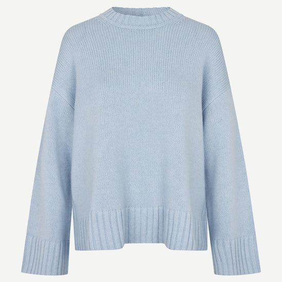 light blue round neck jumper with rib detailing and boxy fit