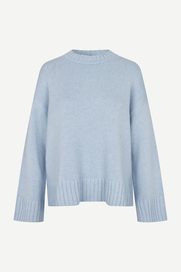 light blue round neck jumper with rib detailing and boxy fit