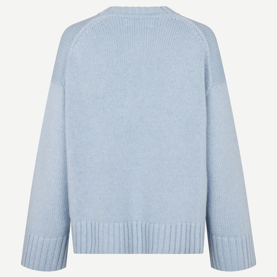 light blue round neck jumper with rib detailing and boxy fit rear view