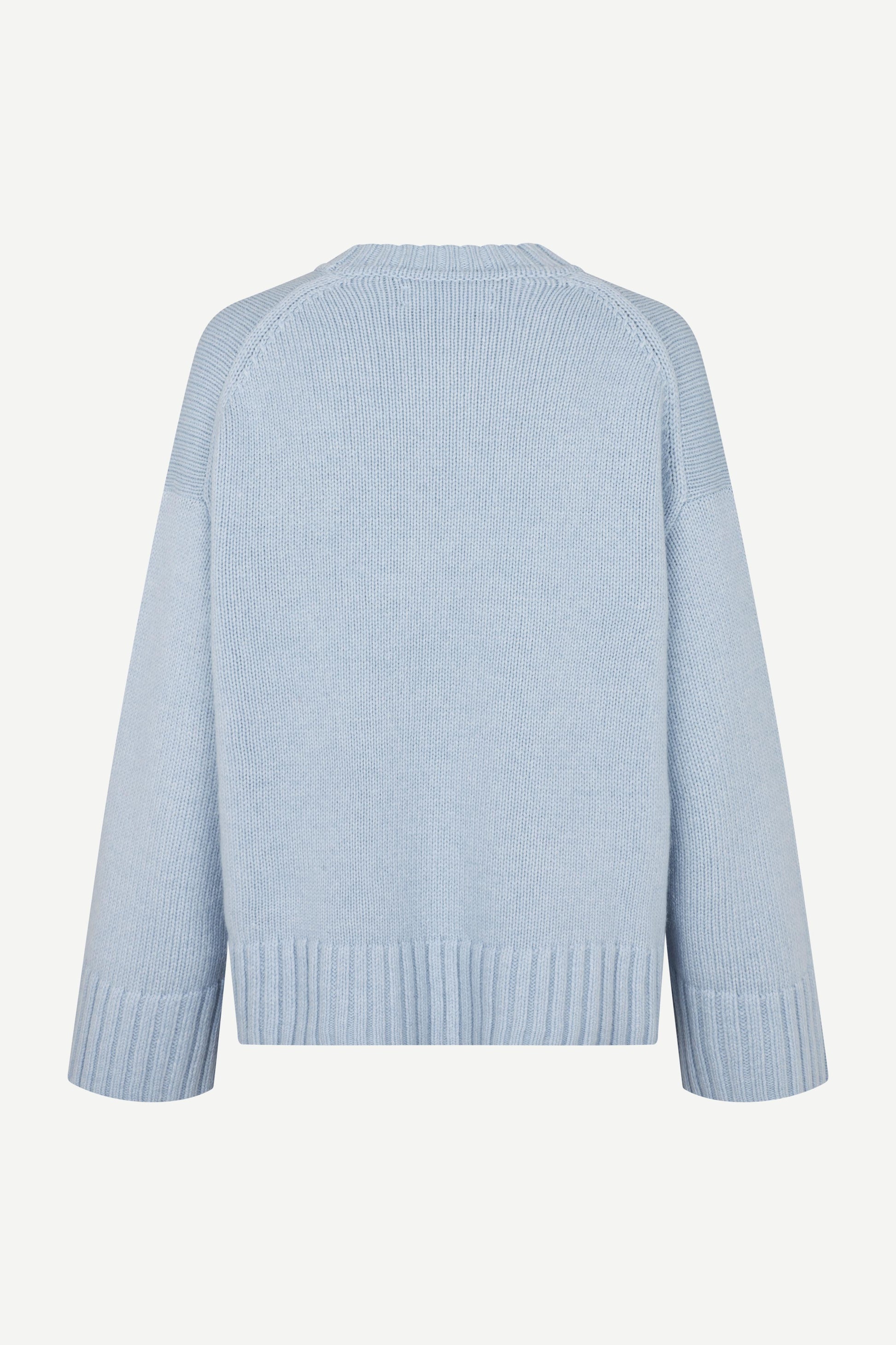light blue round neck jumper with rib detailing and boxy fit rear view