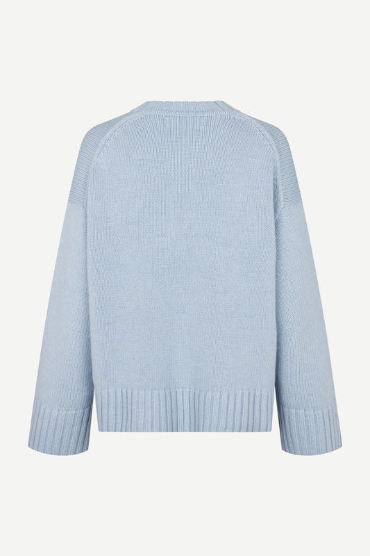 light blue round neck jumper with rib detailing and boxy fit rear view
