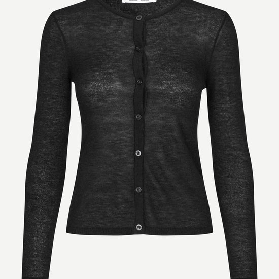 round neck black cardigan with black buttons and ribbed design