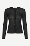 round neck black cardigan with black buttons and ribbed design