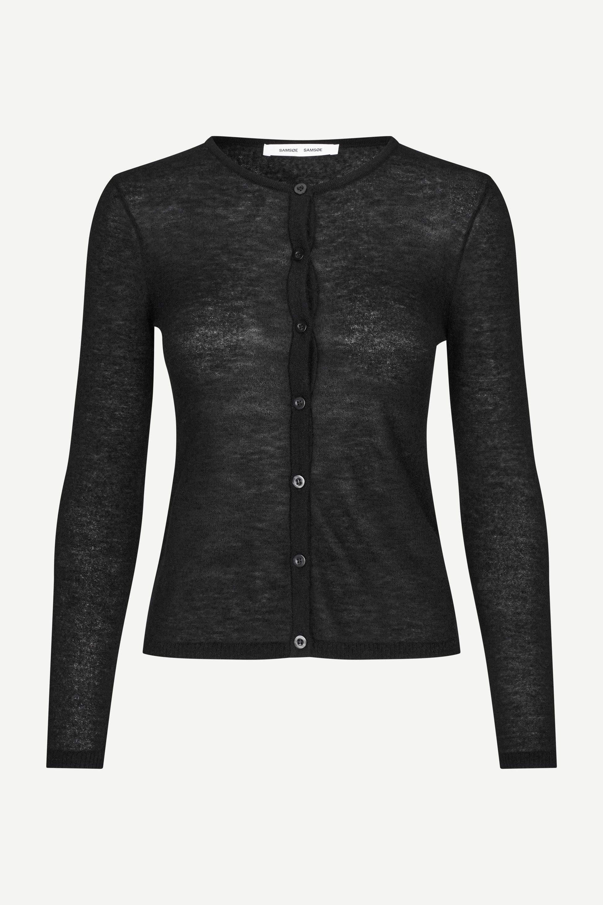 round neck black cardigan with black buttons and ribbed design