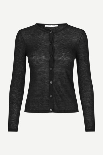round neck black cardigan with black buttons and ribbed design