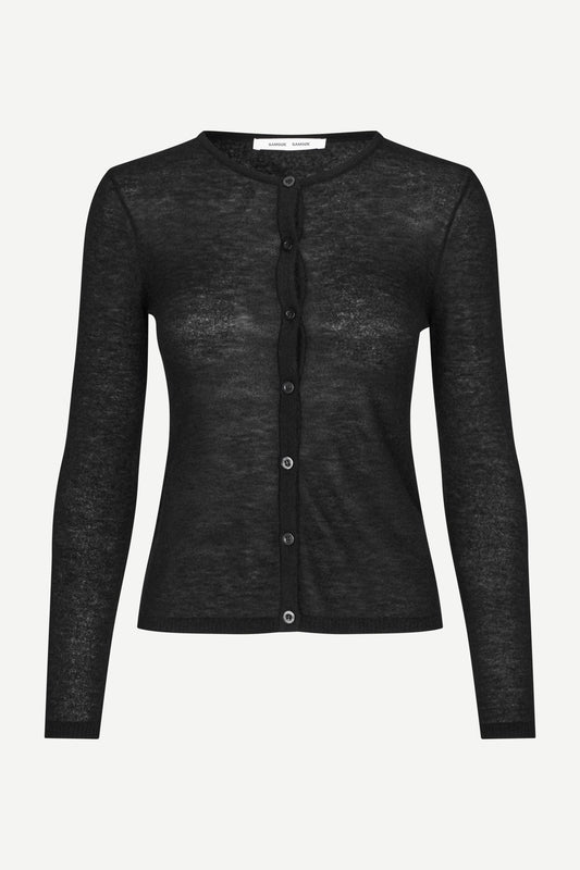 round neck black cardigan with black buttons and ribbed design