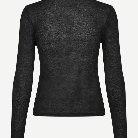 round neck black cardigan with black buttons and ribbed design rear view