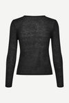 round neck black cardigan with black buttons and ribbed design rear view