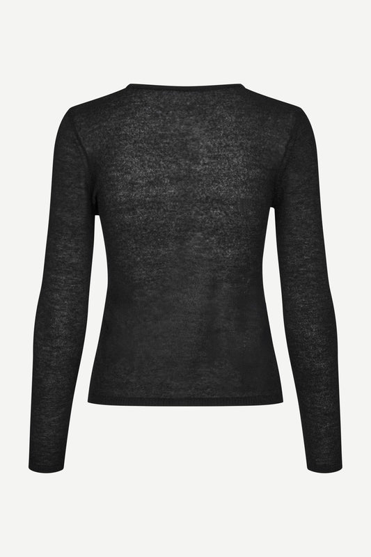 round neck black cardigan with black buttons and ribbed design rear view