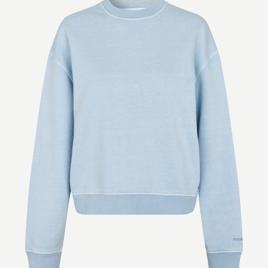 light blue round neck cotton jumper with rib detailing
