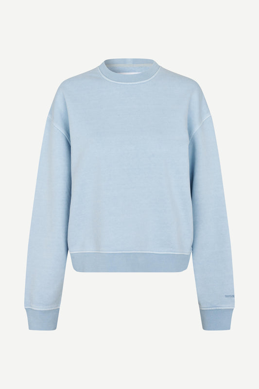 light blue round neck cotton jumper with rib detailing
