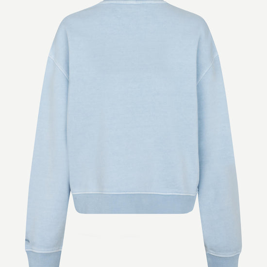 light blue round neck cotton jumper with rib detailing rear view