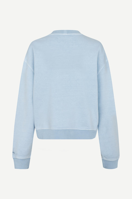 light blue round neck cotton jumper with rib detailing rear view