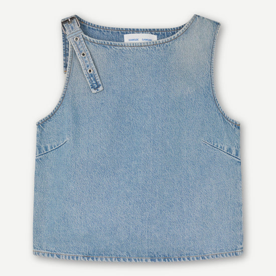 blue cotton tank top with belt detail on one shoulder and cut in a denim style