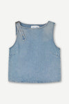 blue cotton tank top with belt detail on one shoulder and cut in a denim style
