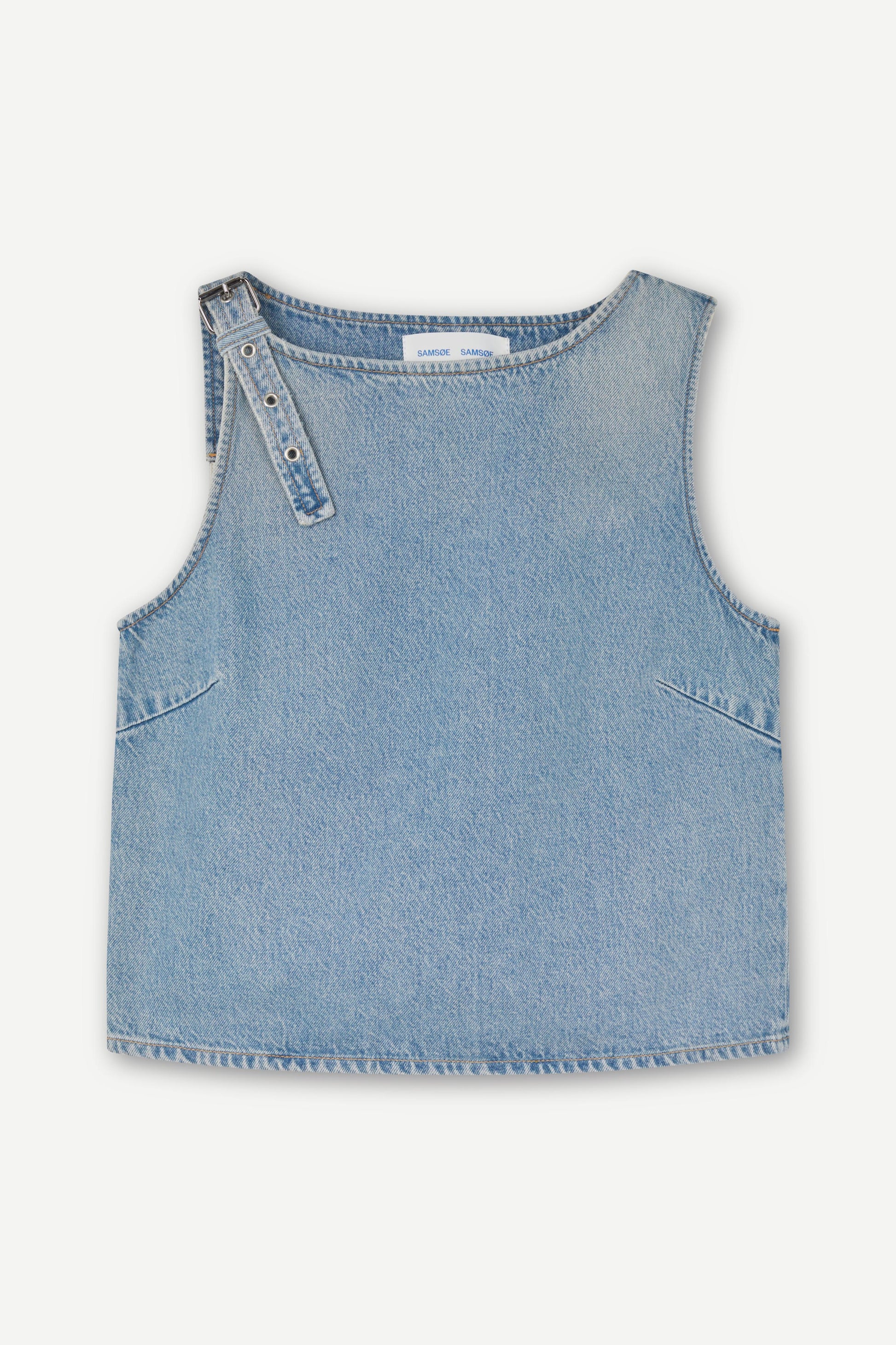 blue cotton tank top with belt detail on one shoulder and cut in a denim style