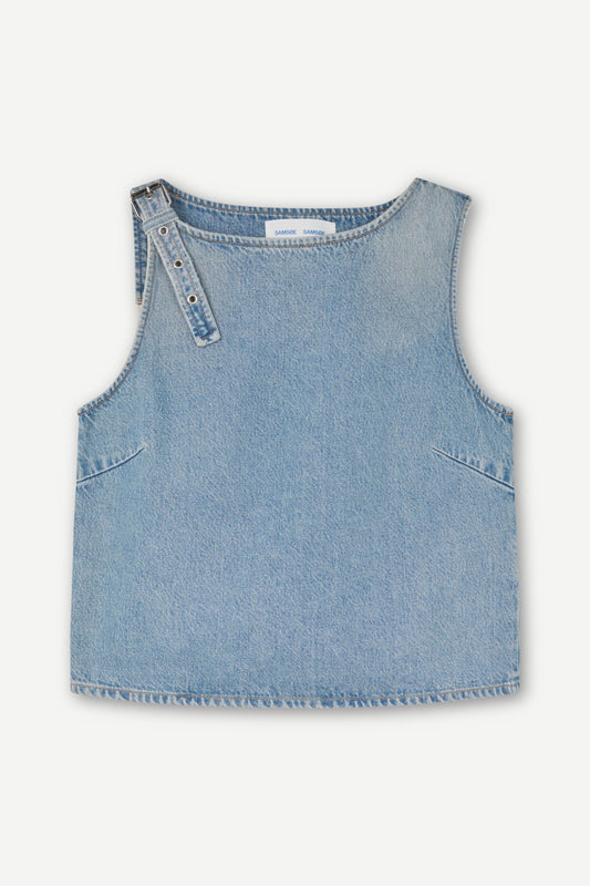 blue cotton tank top with belt detail on one shoulder and cut in a denim style