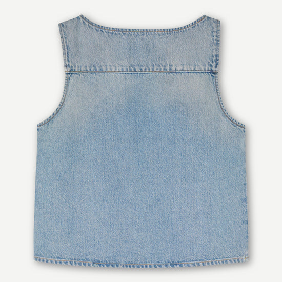 blue cotton tank top with belt detail on one shoulder and cut in a denim style rear view 