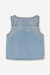 blue cotton tank top with belt detail on one shoulder and cut in a denim style rear view 