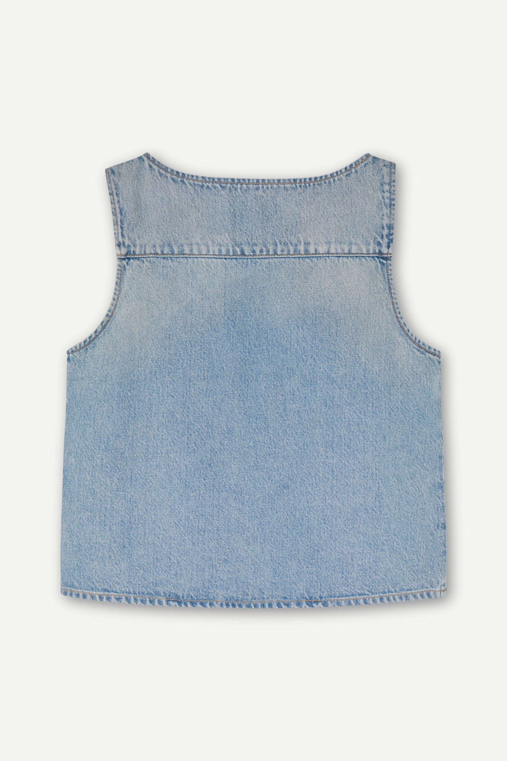blue cotton tank top with belt detail on one shoulder and cut in a denim style rear view 
