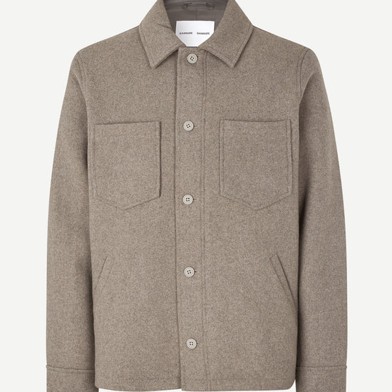 grey wool shirt jacket with 2 patch pockets and side pockets 
