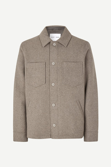 grey wool shirt jacket with 2 patch pockets and side pockets 