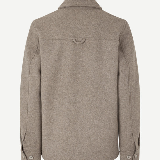 grey wool shirt jacket with 2 patch pockets and side pockets  rear view 