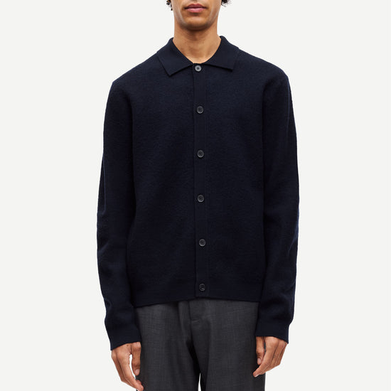 navy wool cardigan with classic collar model shot