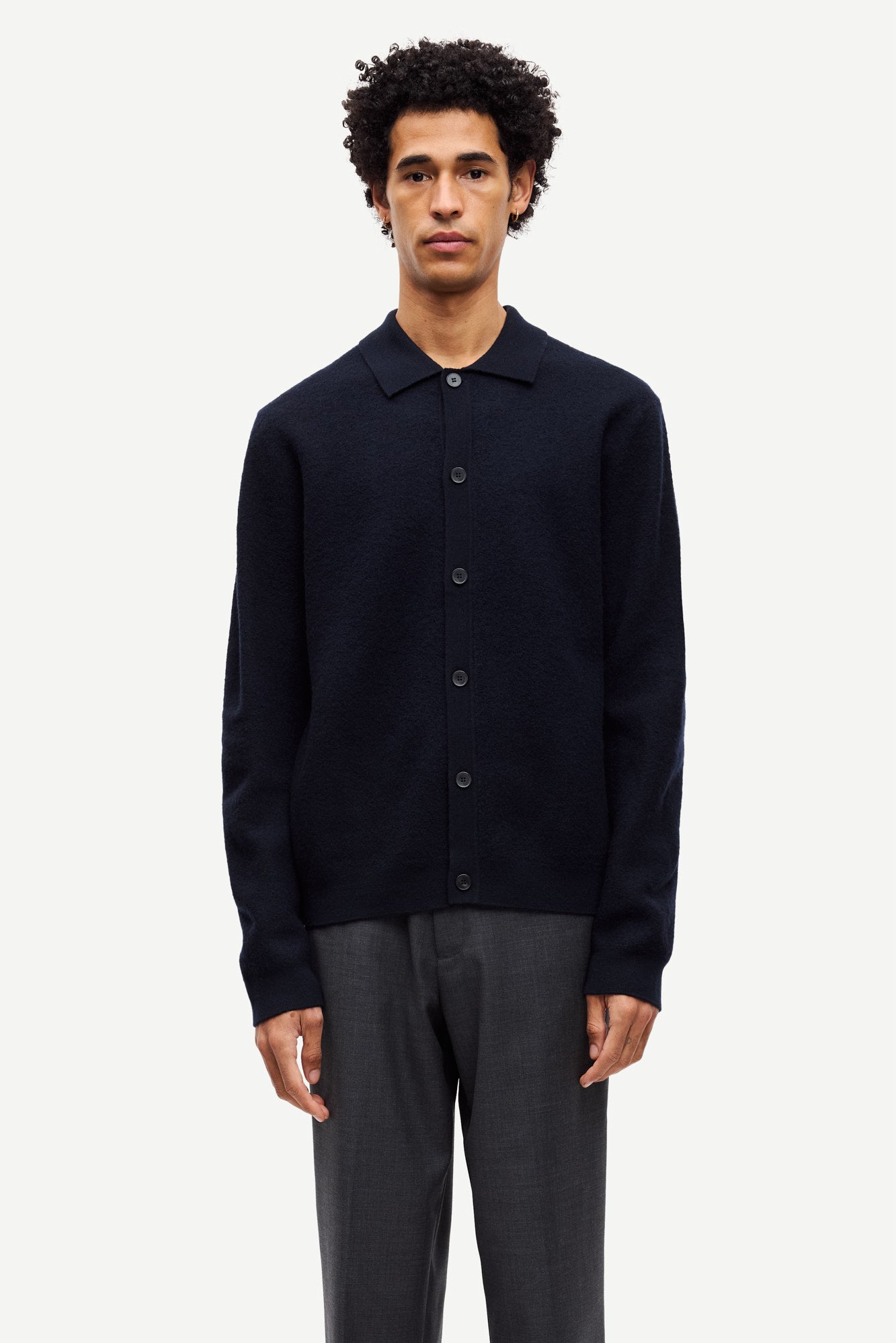 navy wool cardigan with classic collar model shot