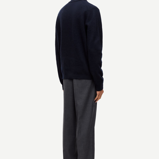 navy wool cardigan with classic collar rear view