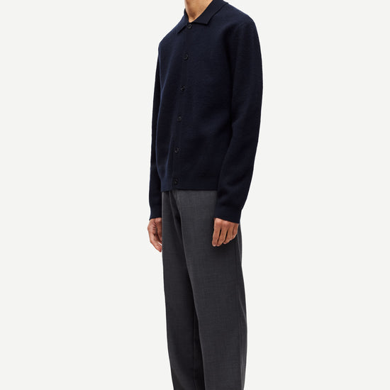 navy wool cardigan with classic collar  side view 