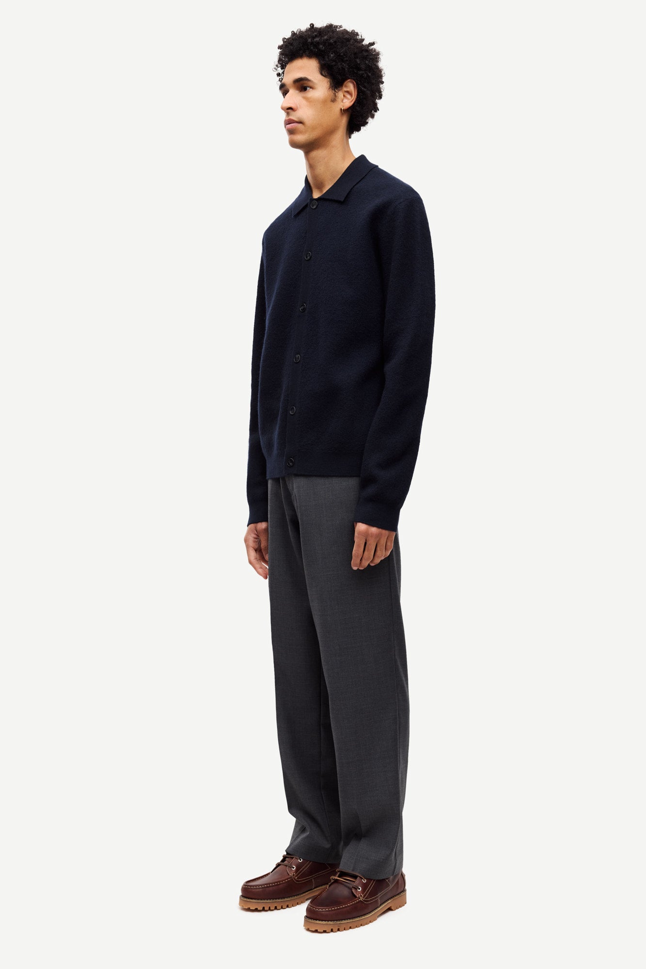 navy wool cardigan with classic collar  side view 