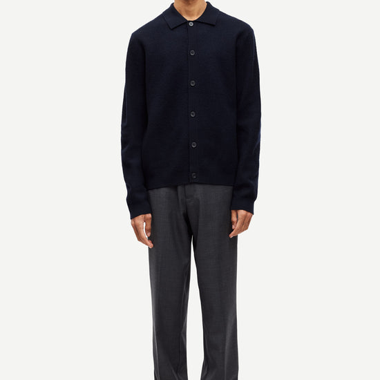 navy wool cardigan with classic collar model shot