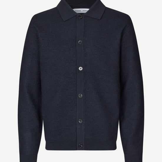 navy wool cardigan with classic collar 