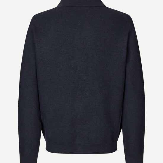 navy wool cardigan with classic collar  rear view