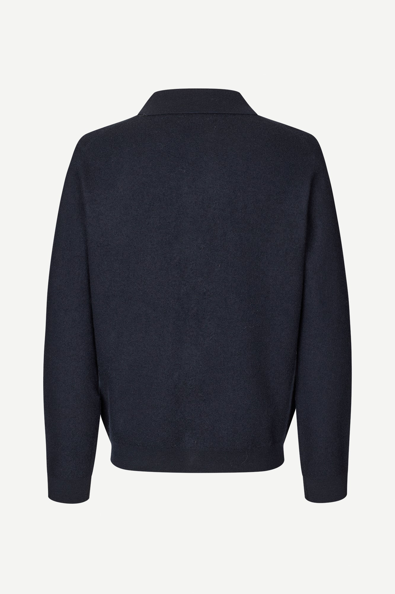 navy wool cardigan with classic collar  rear view