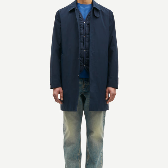 mens navy blue polyester longline coat with concealed placket model shot