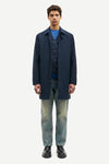mens navy blue polyester longline coat with concealed placket model shot