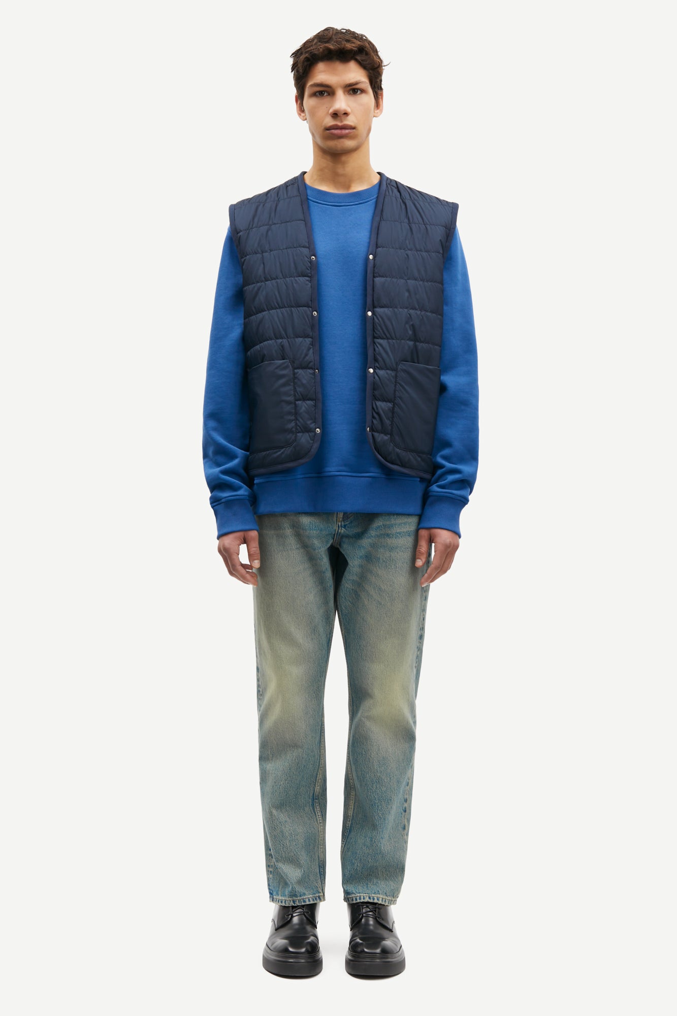 mens navy blue polyester longline coat with concealed placket model shot