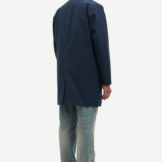 mens navy blue polyester longline coat with concealed placket rear view