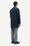 mens navy blue polyester longline coat with concealed placket rear view