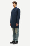mens navy blue polyester longline coat with concealed placket side view 