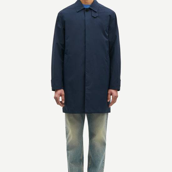 mens navy blue polyester longline coat with concealed placket model shot