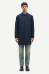 mens navy blue polyester longline coat with concealed placket model shot